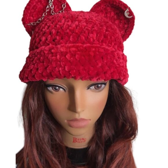 Crochet Bear beanie | Velvet Yarn Winter beanie with Jewelry Accents - Picture 2 of 6